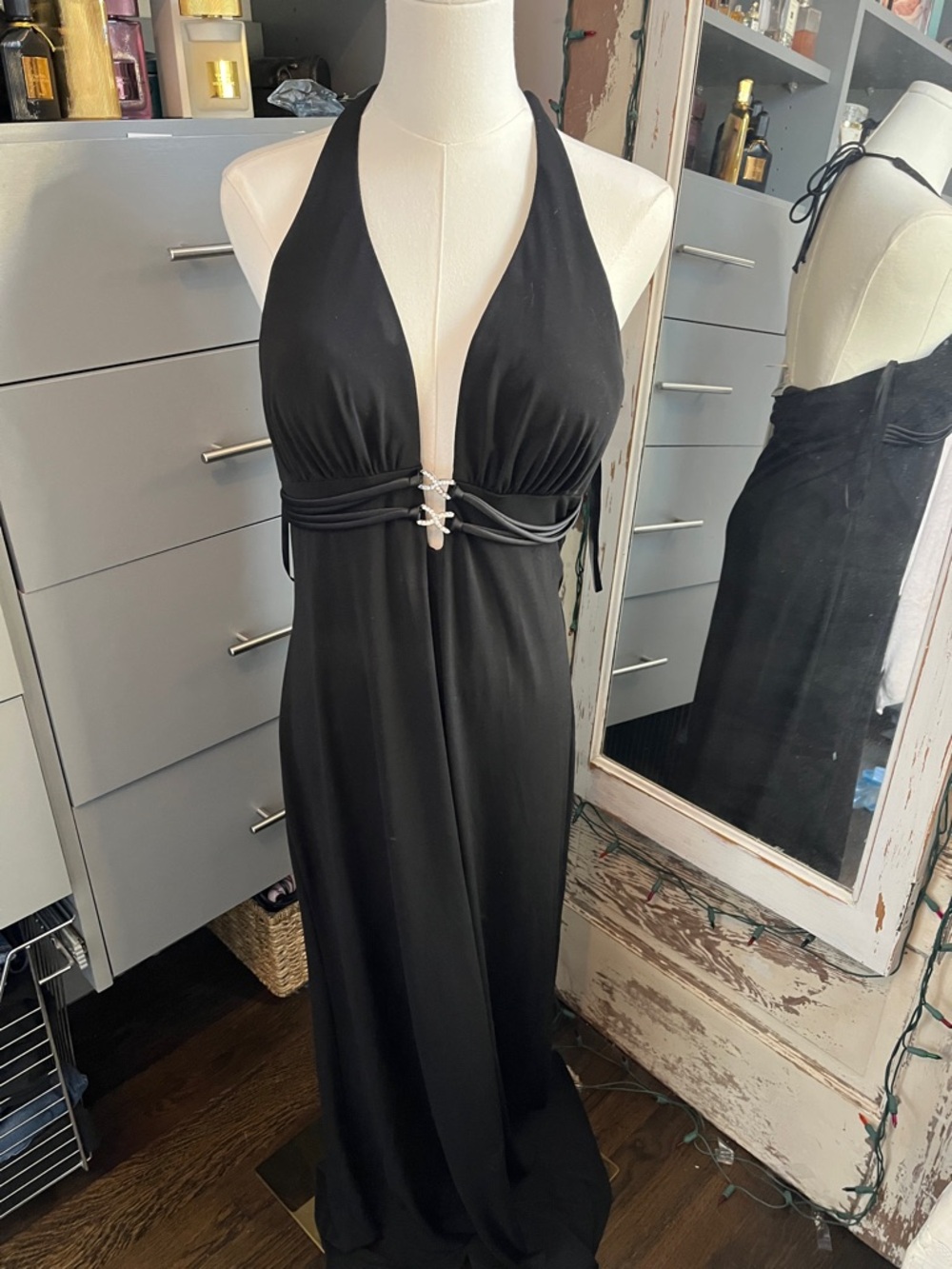 Betsy & Adam Black Halter Plunge Maxi Dress